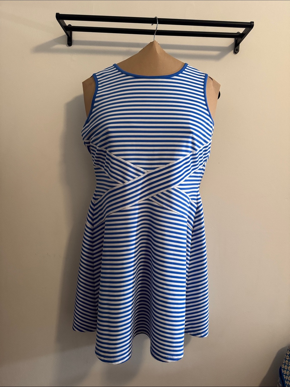 New York & Company Blue & White Striped Crisscross Waist Mini Dress